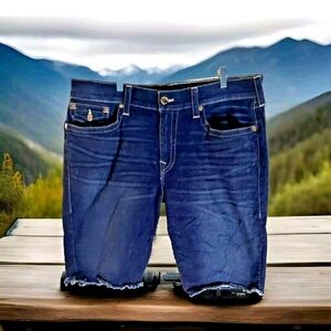 True Religion Jean Shorts Mens 38x11 Ricky Flap Pockets Cut-Off Regatta Blue_AI